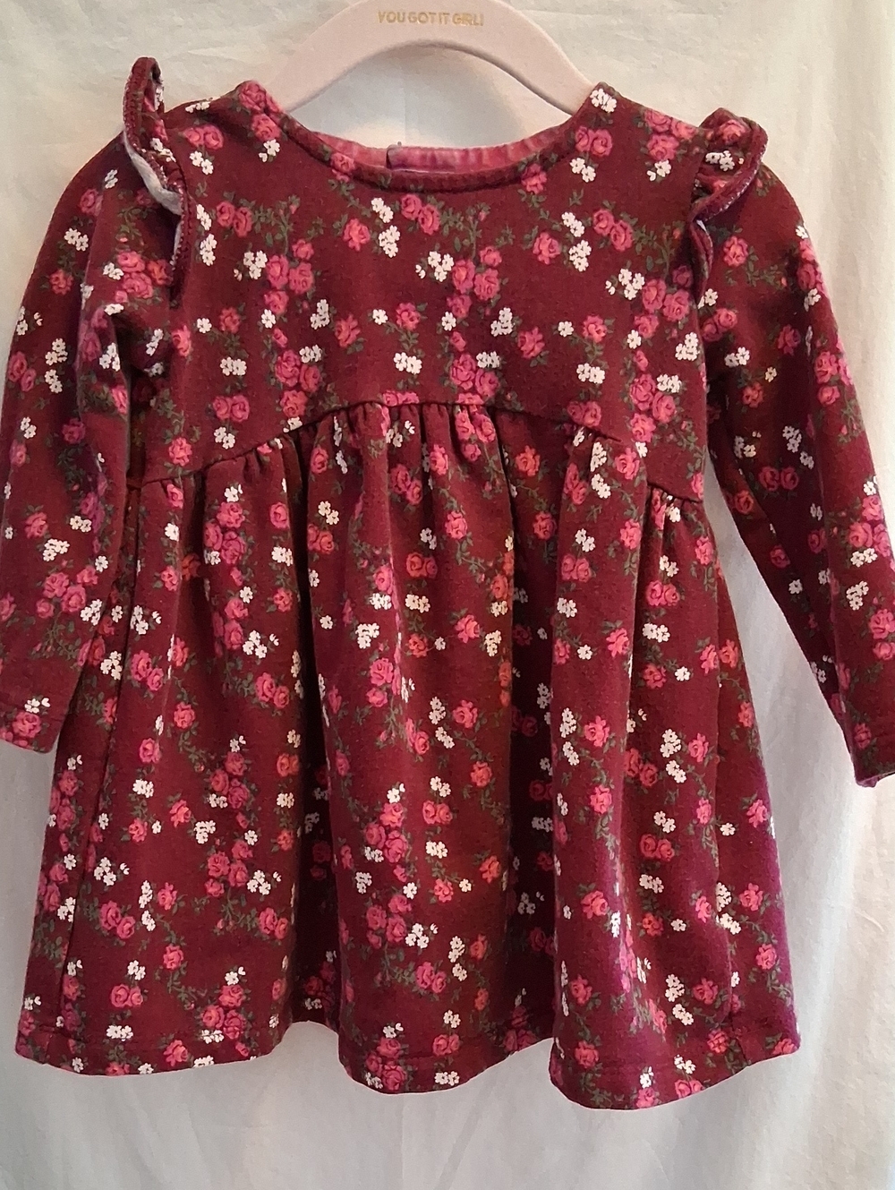 Cute 18 Months Burgandi Floral Ruffle-Shoulder Long Sleeve Dress